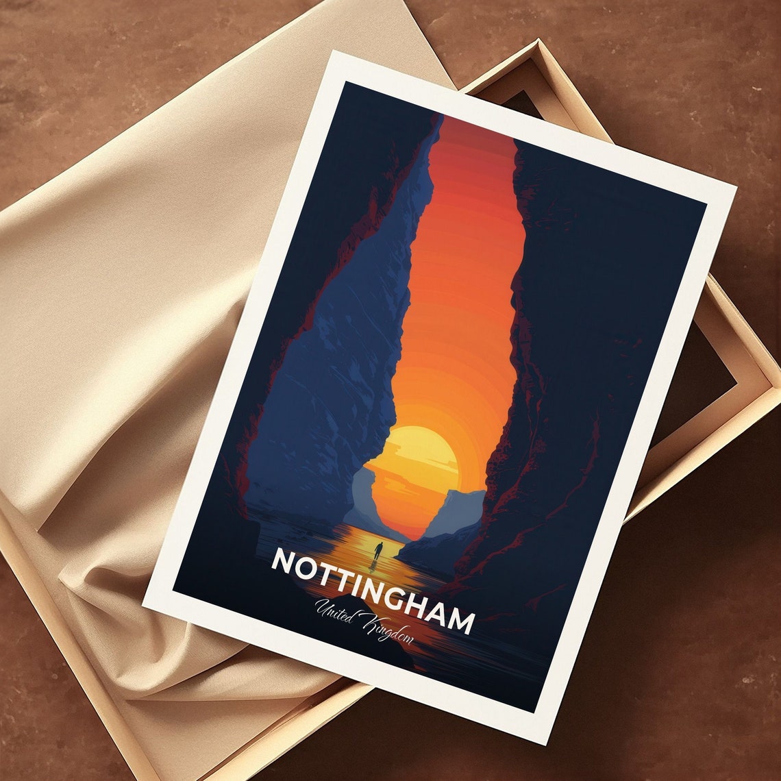 Nottingham City Of Caves Gorge Sun Lone Figure Travel Poster - Image 3