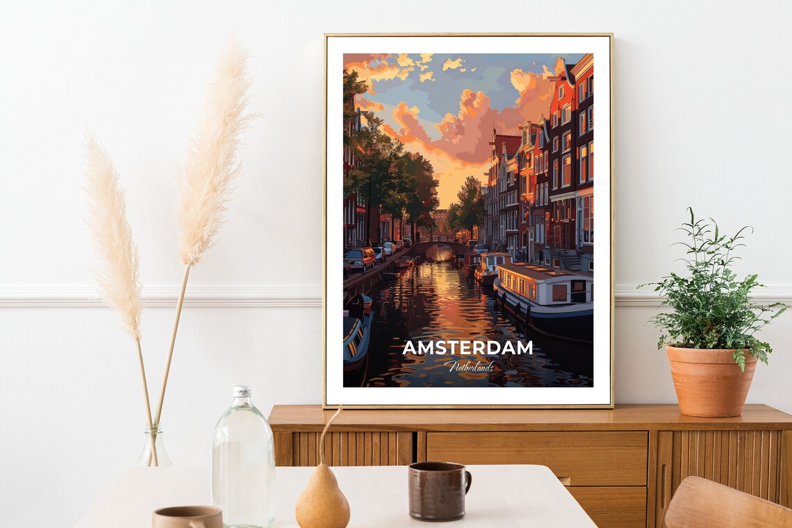 Amsterdam Jordaan Canal Sunset Houseboats Golden Reflections Travel Poster - Image 2