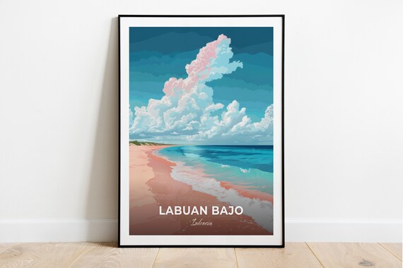 Labuan Bajo Pink Beach Clouds Turquoise Sea Indonesia Vintage Travel Poster