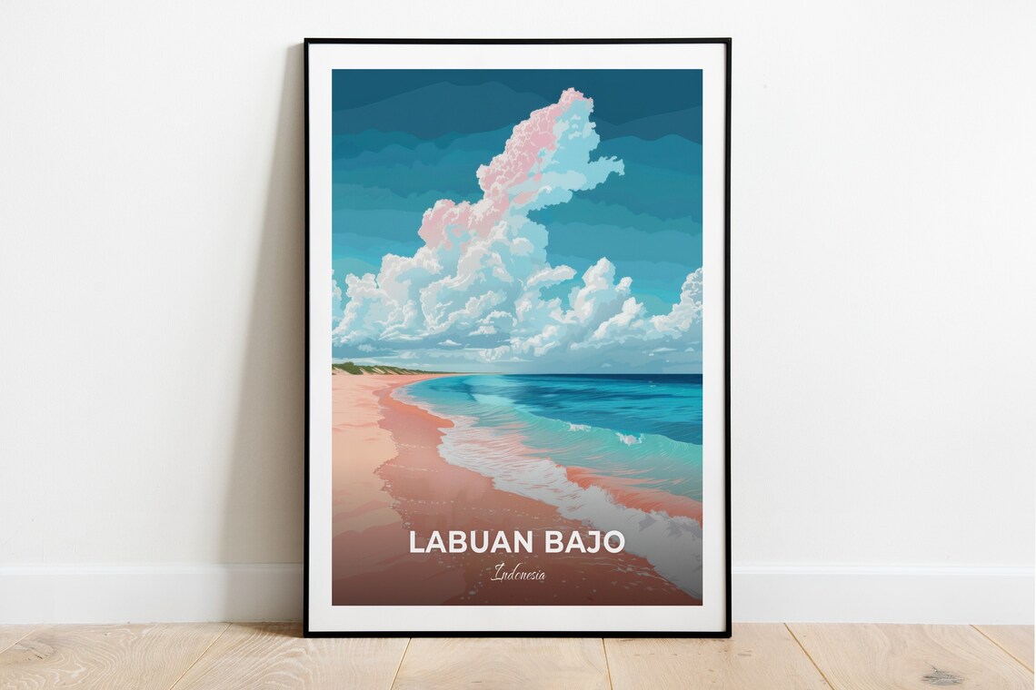 Labuan Bajo Pink Beach Clouds Turquoise Sea Indonesia Vintage Travel Poster