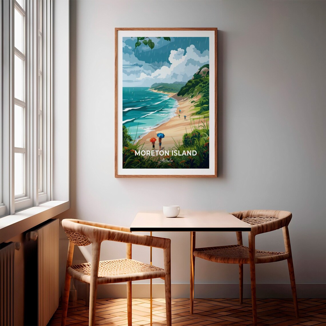 Moreton Island Australia Rainy Beach Walk With Umbrellas Travel Poster - Image 2