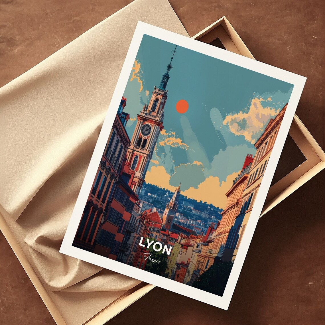 Lyon France Travel Poster Historic Street Clock Tower Sunset Artwork - Image 3