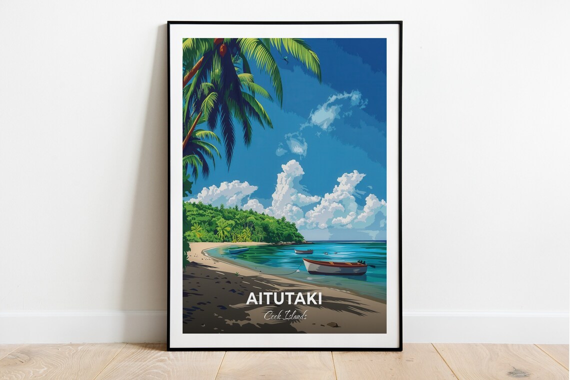 Aitutaki Cook Islands Calm Lagoon with Moored Boats Travel Poster