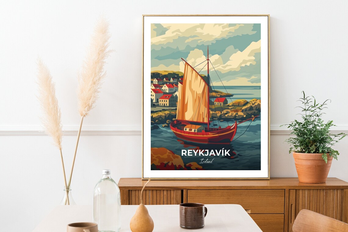 Reykjavik Fishing Sailboat Rocky Harbor Village Coast Travel Poster - Image 2