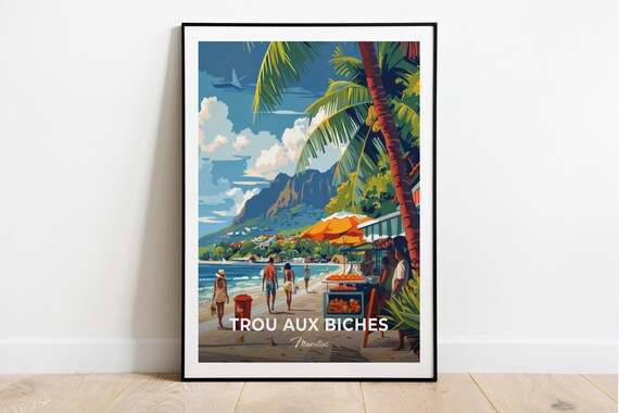 Trou aux Biches Mauritius Beach Promenade Food Stalls Mountain View Poster