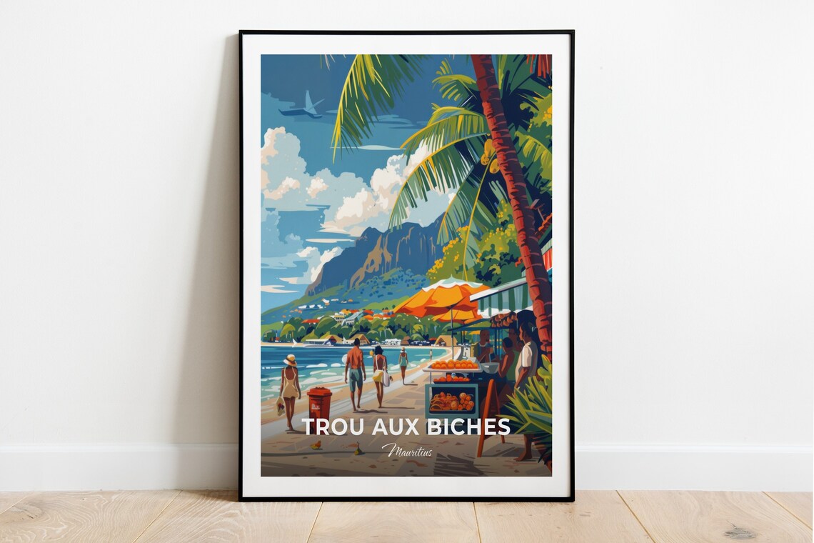 Trou Aux Biches Travel Poster Street Food Vendors City Print Cityscape Artwork Birthday Wedding Gift Wall Art Location Print