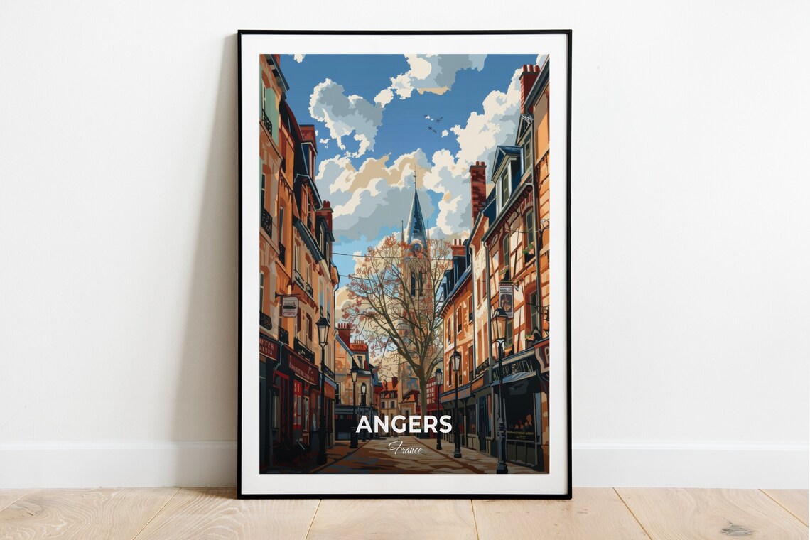 Angers France Old Town Street Church Spire Sunny Historic Charm Poster