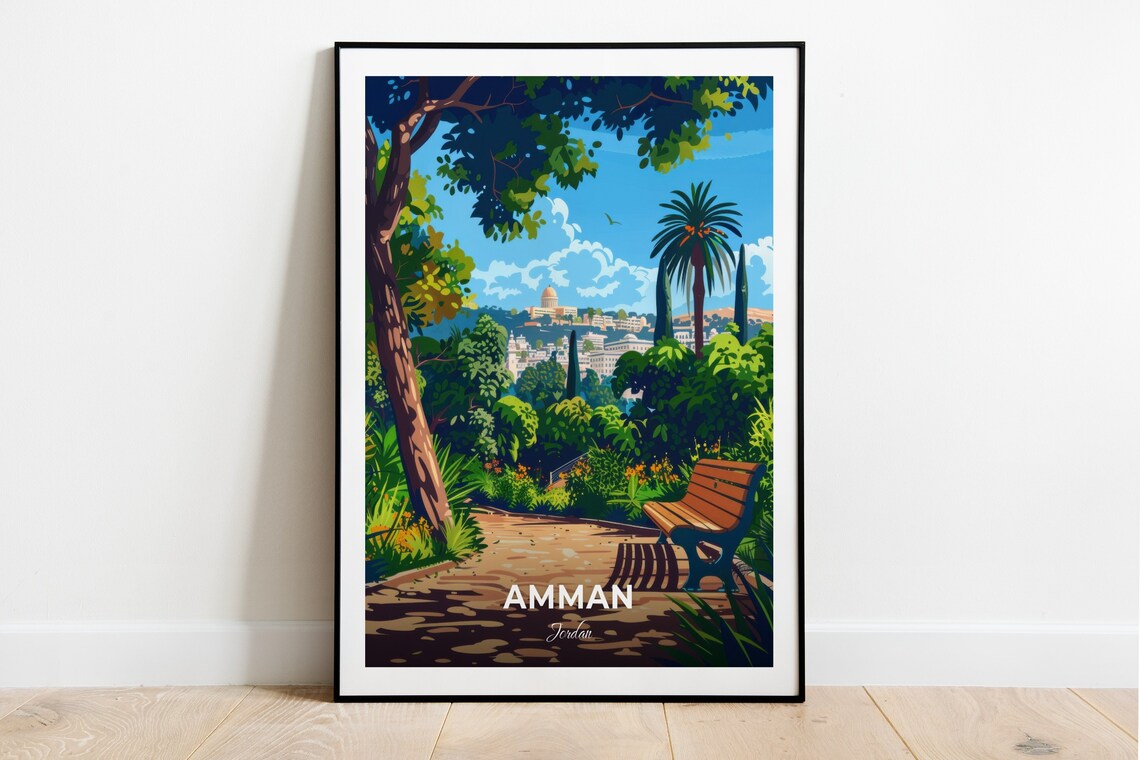 Amman Al Hussein Park Garden Bench Palm Skyline Jordan Travel Poster