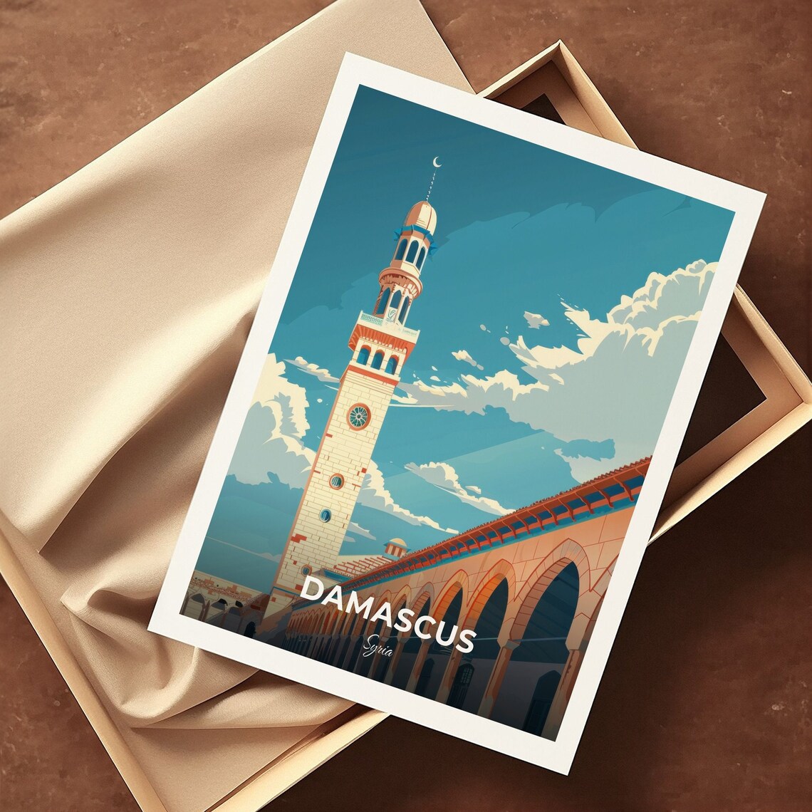Damascus Ottoman Minaret Colonnade Crescent Sky Travel Scene Poster - Image 3