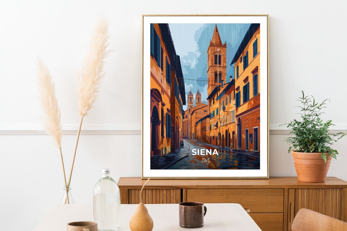 Siena Italy Rainy Medieval Street Bell Tower Evening Travel Poster - Image 2