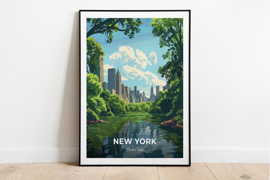 New York Central Park Lake Skyline Reflection United States Poster