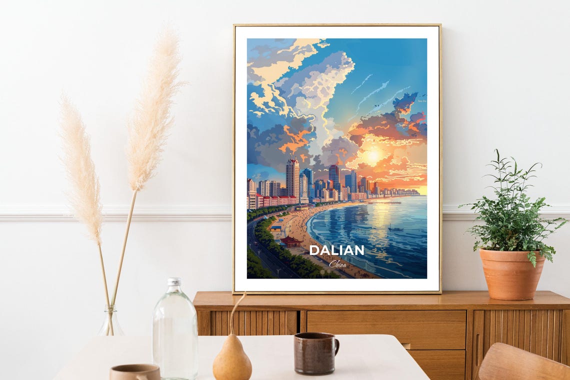 Dalian China Sunset Bay Beach Skyline Golden Hour Glow Poster - Image 3
