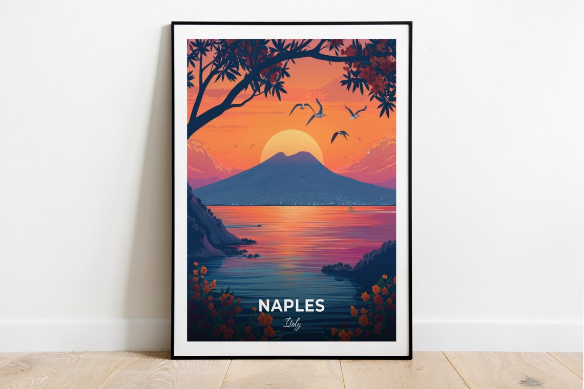 Naples Mount Vesuvius Bay Sunset Seagulls Coast Travel Poster