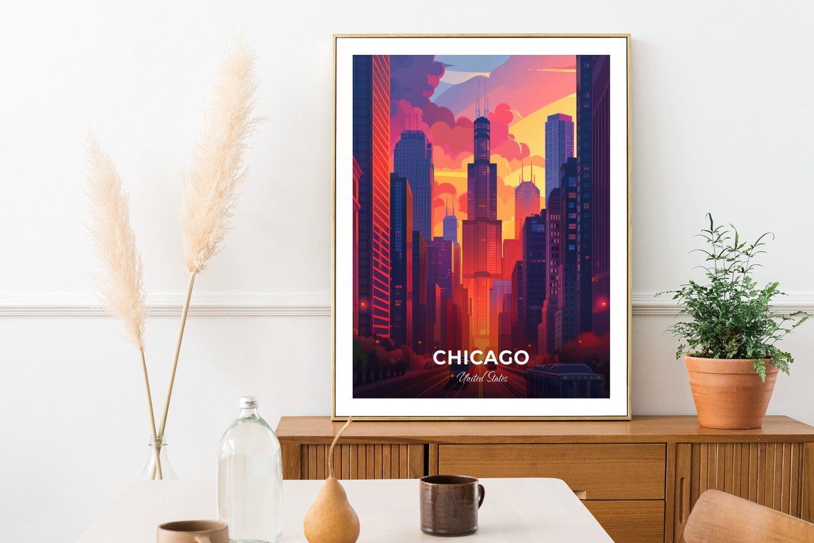 Chicago Downtown Skyline Willis Tower Sunset Vibrant Travel Poster - Image 2