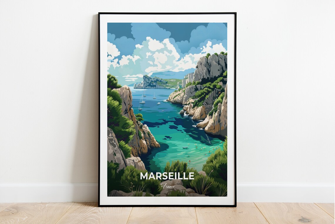 Marseille France Rocky Calanques Cove Turquoise Sea Travel Poster