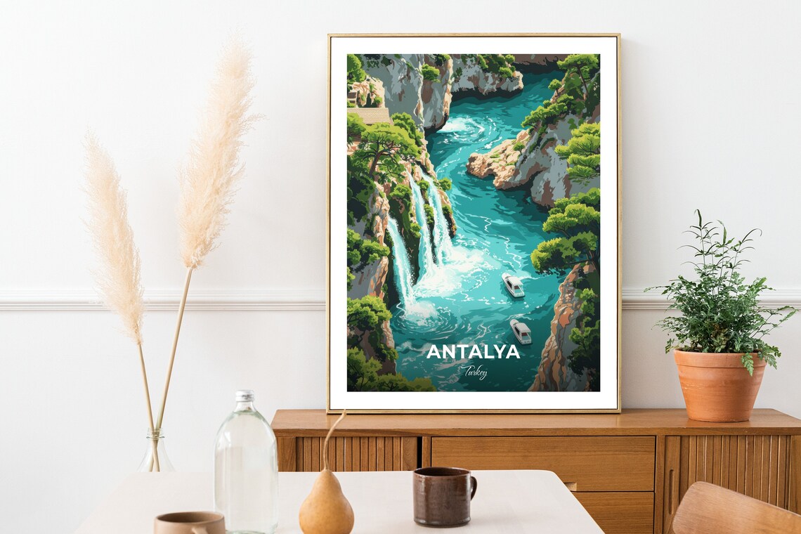 Antalya Duden Waterfalls Over Turquoise Cliffs Turkey Travel Poster - Image 2