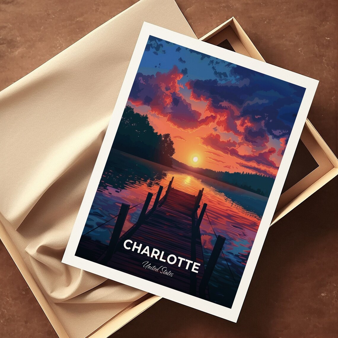 Charlotte Lake Norman Dock Sunset Over the Water United States Travel Poster - Image 3