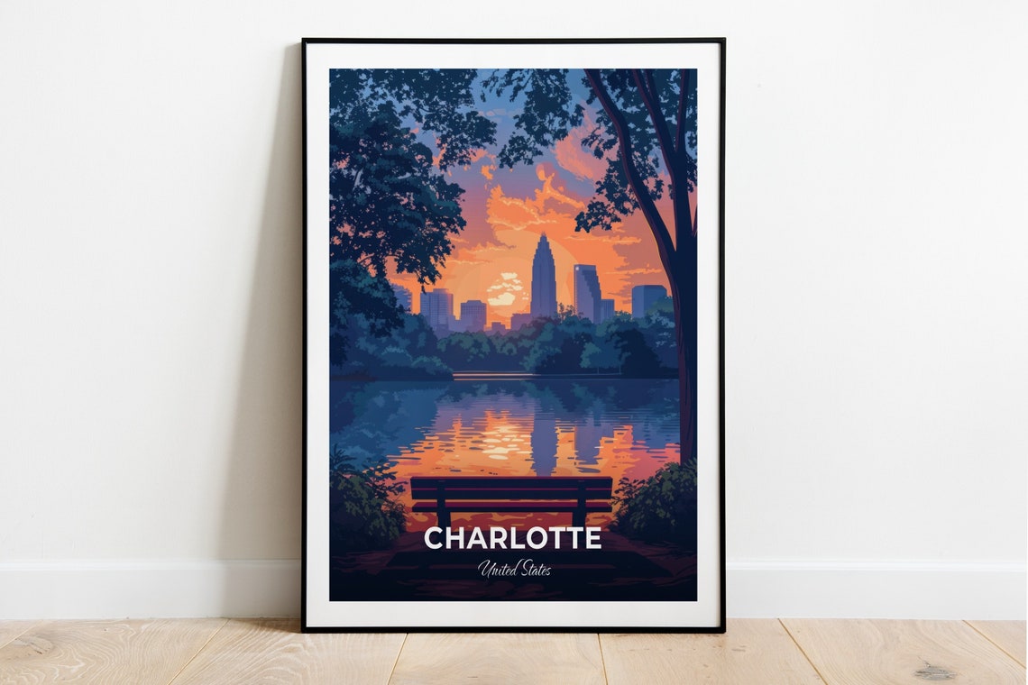 Charlotte USA Park Bench Lake Sunset Mirrored Skyline Poster