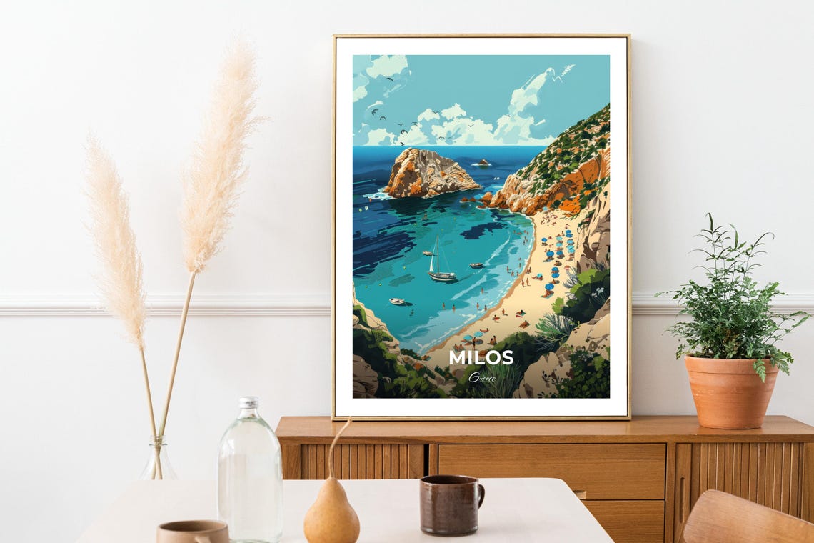 Milos Greece Kleftiko Beach Boats Cliffs Cove Sunny Bay Poster - Image 3