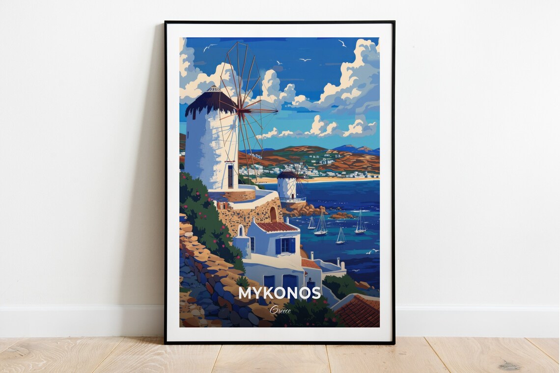 Mykonos Greece Iconic Windmills Above Whitewashed Old Town Travel Poster