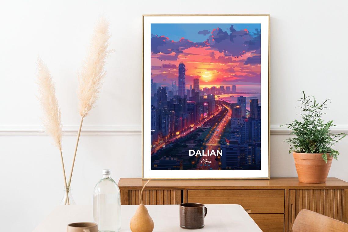 Dalian China Night Skyline Sunset Coastline City Glow Poster - Image 3