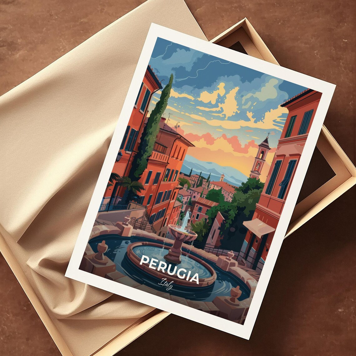 Perugia Italy Historic Fountain Square Old Town Sunset Travel Poster - Image 4