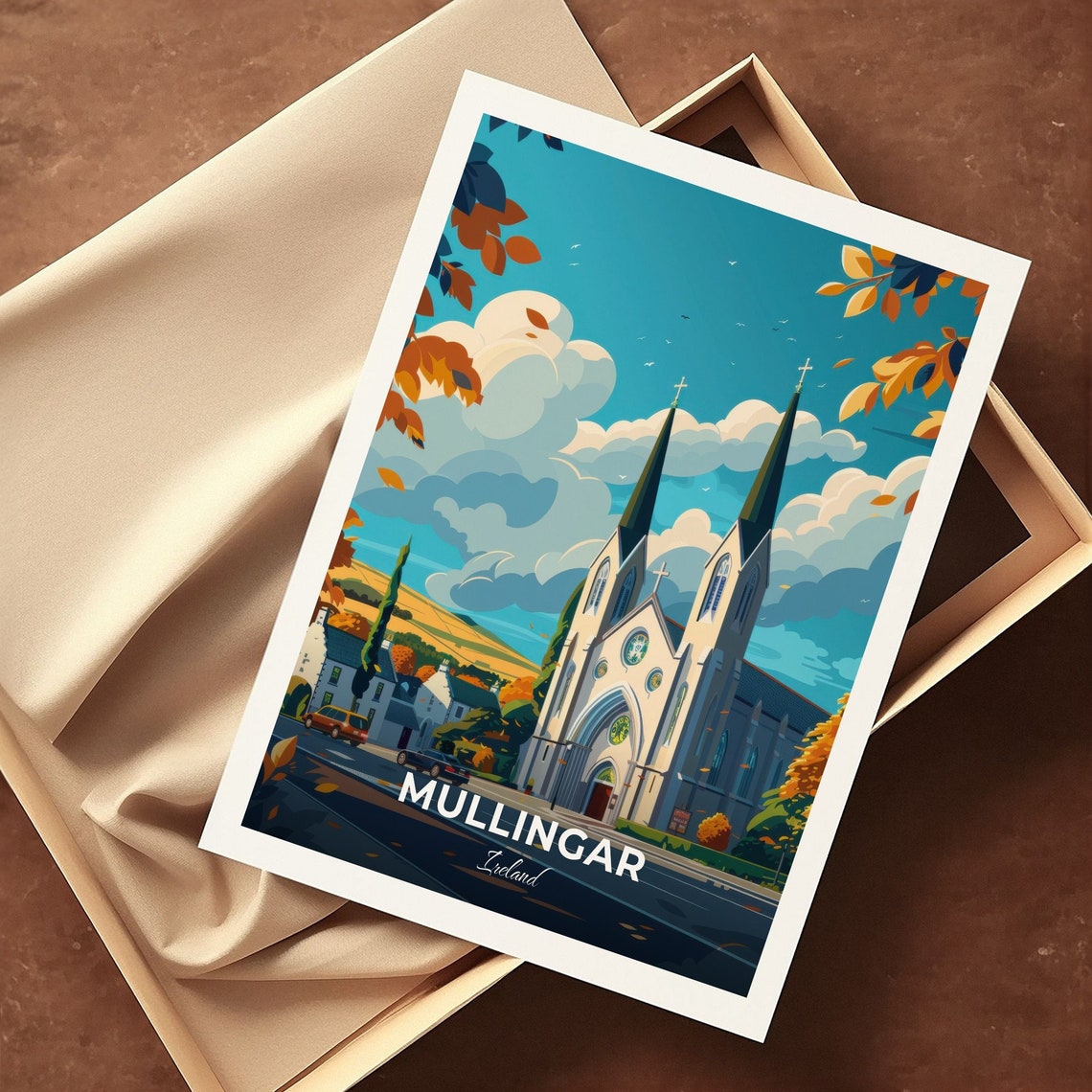 Mullingar Ireland Cathedral Twin Spires Autumn Cityscape Poster - Image 3