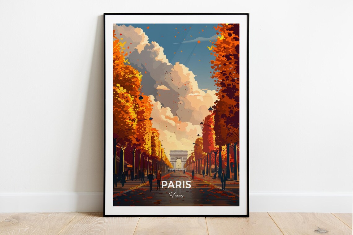 Paris France Arc de Triomphe Autumn Avenue Vintage Travel Poster