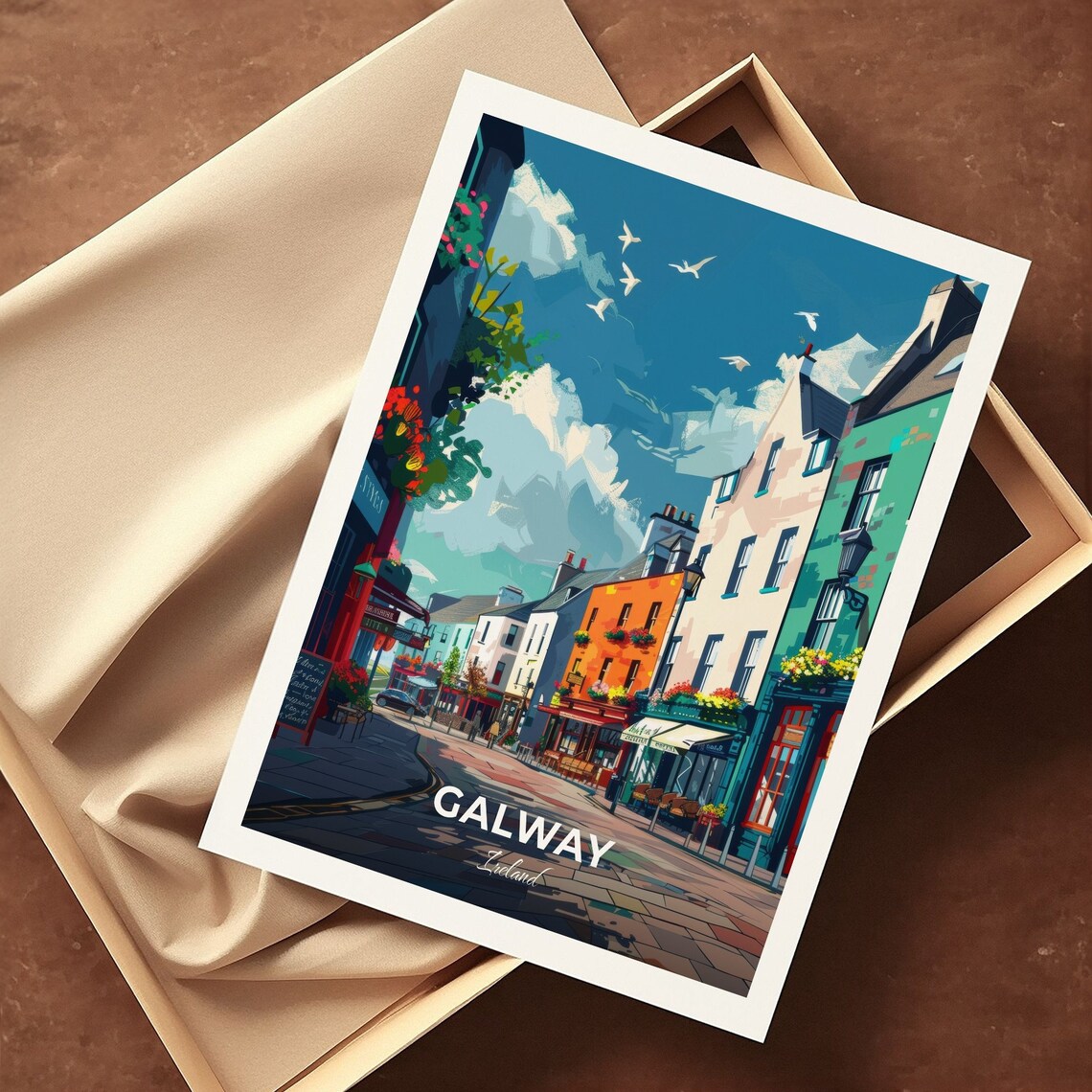 Galway Colorful Shopfront Street Under A Bright Blue Sky Travel Poster - Image 3