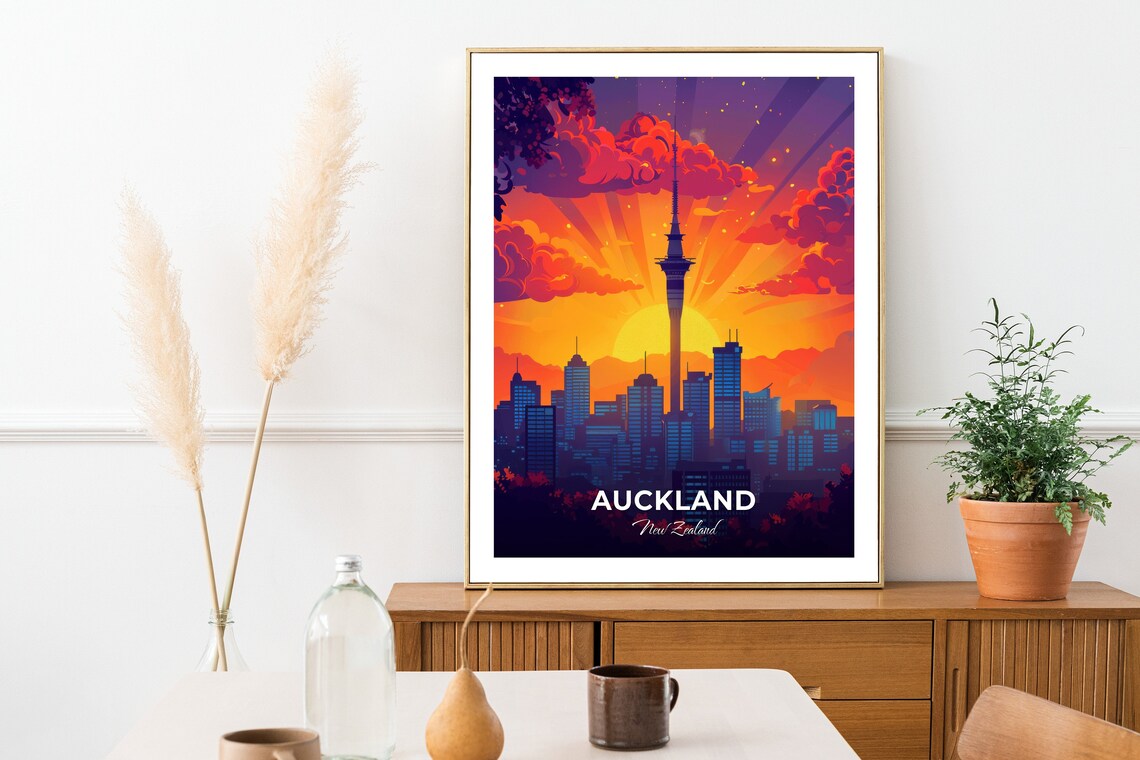 Auckland New Zealand Sky Tower Skyline Under Golden Sunset Poster - Image 2