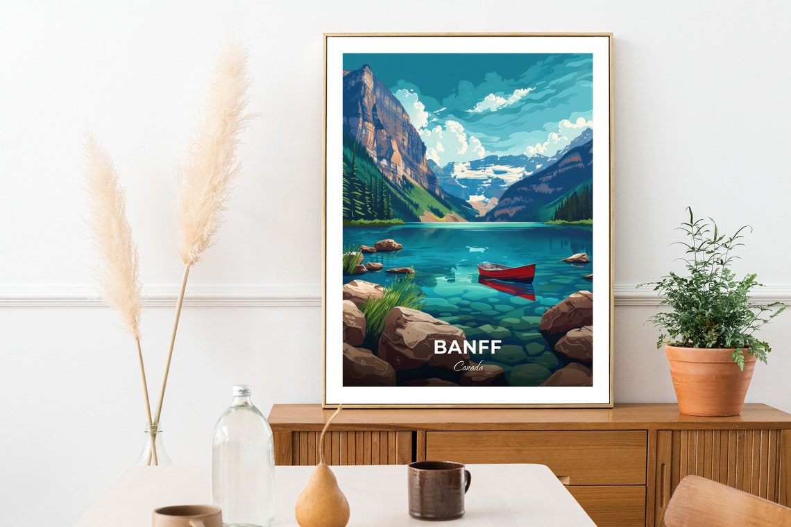Banff Canada Turquoise Mountain Lake Red Canoe Travel Poster - Image 2
