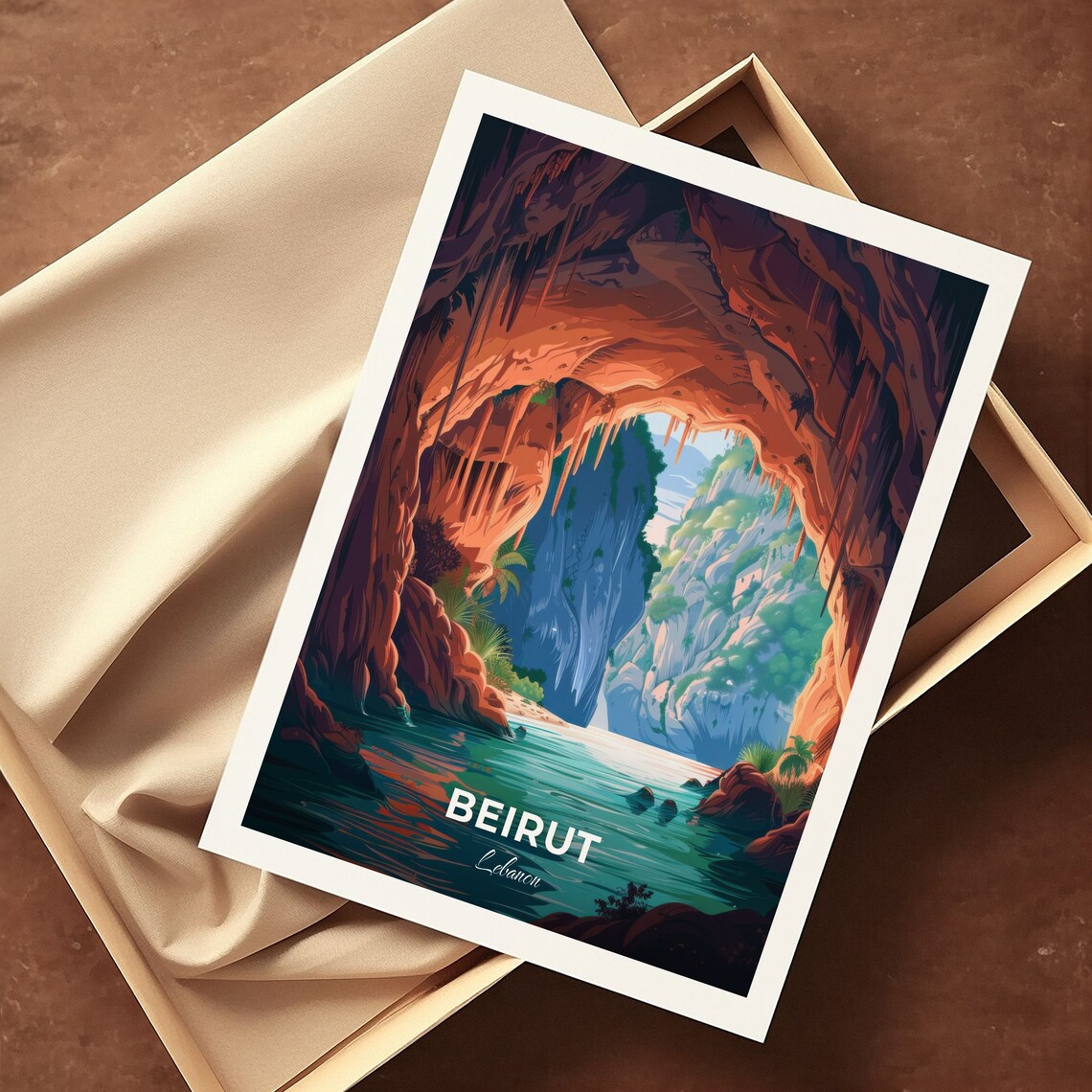 Beirut Lebanon Jeita Grotto Cave Lagoon Travel Illustration Poster - Image 3