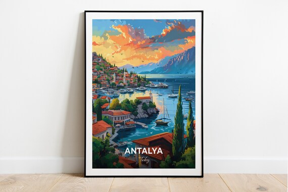 Antalya Harbor Town At Sunset With Boats And Mountains Turkey Poster