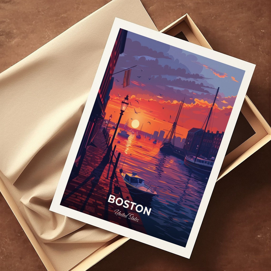 Boston Sunset Harbor Sailboats Boardwalk Waterfront Glow Travel Poster - Image 3
