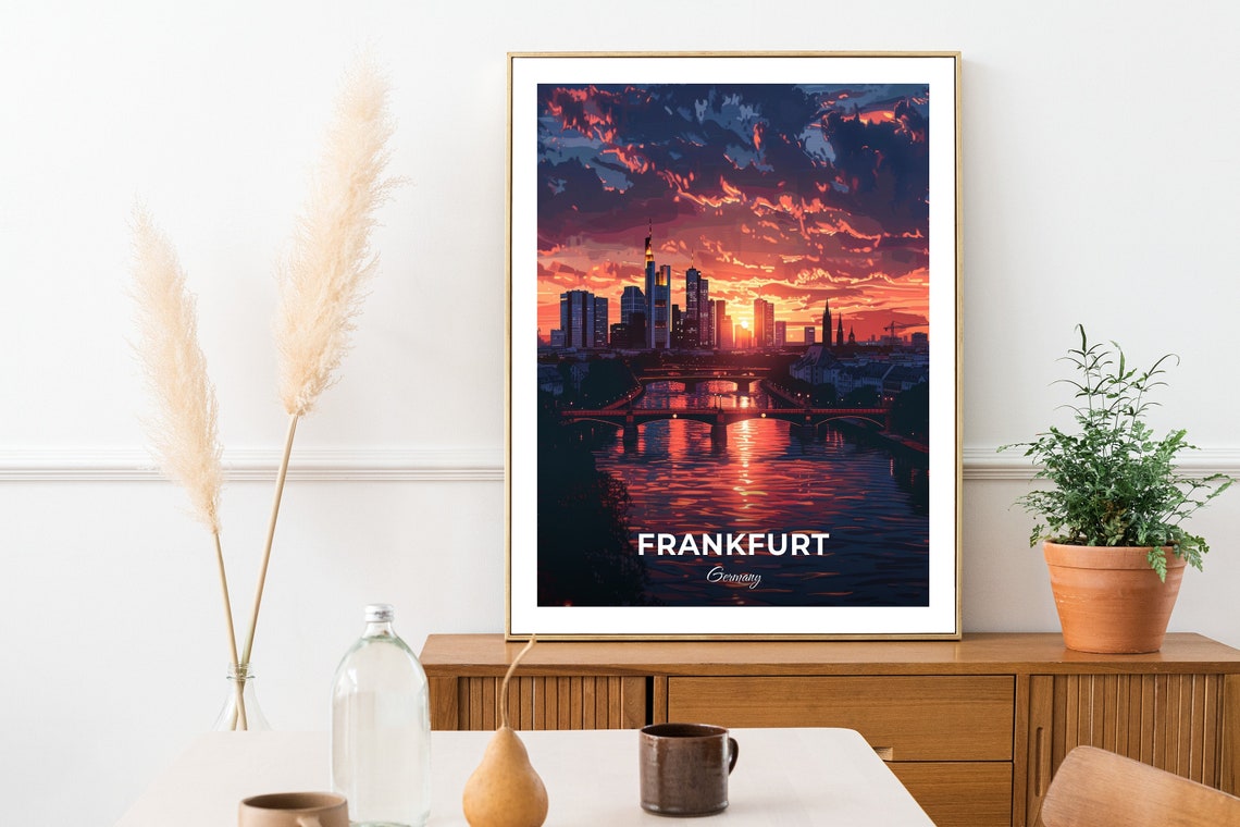 Frankfurt Germany River Main Skyline Crimson Sunset Travel Poster - Image 2