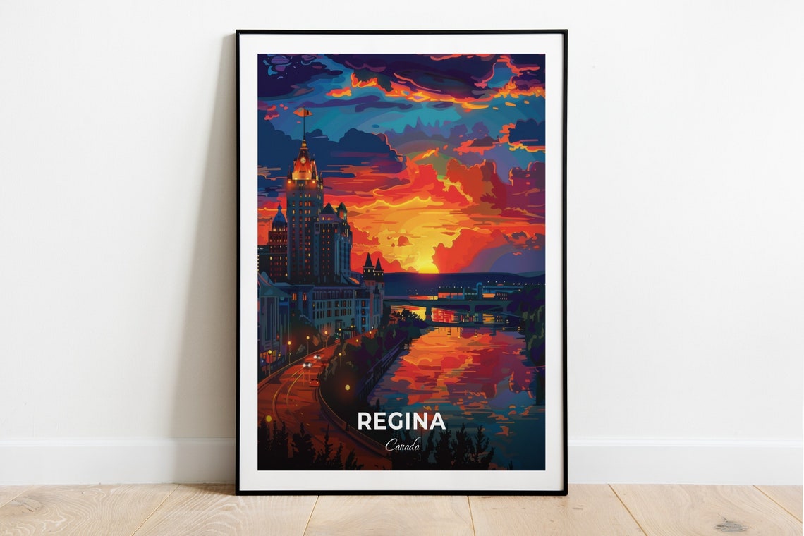 Regina Canada Casino Regina Lakefront Sunset Skyline Travel Poster