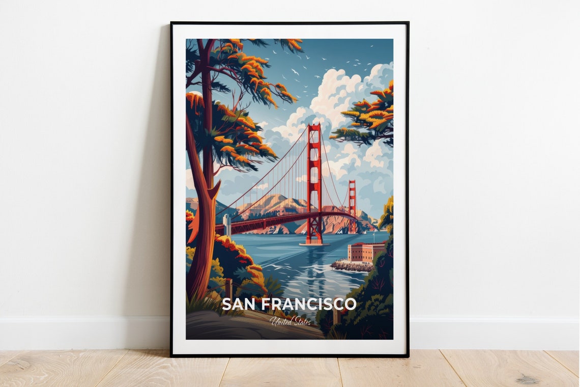 San Francisco Golden Gate Bridge Cypress Framed Travel Scene Poster