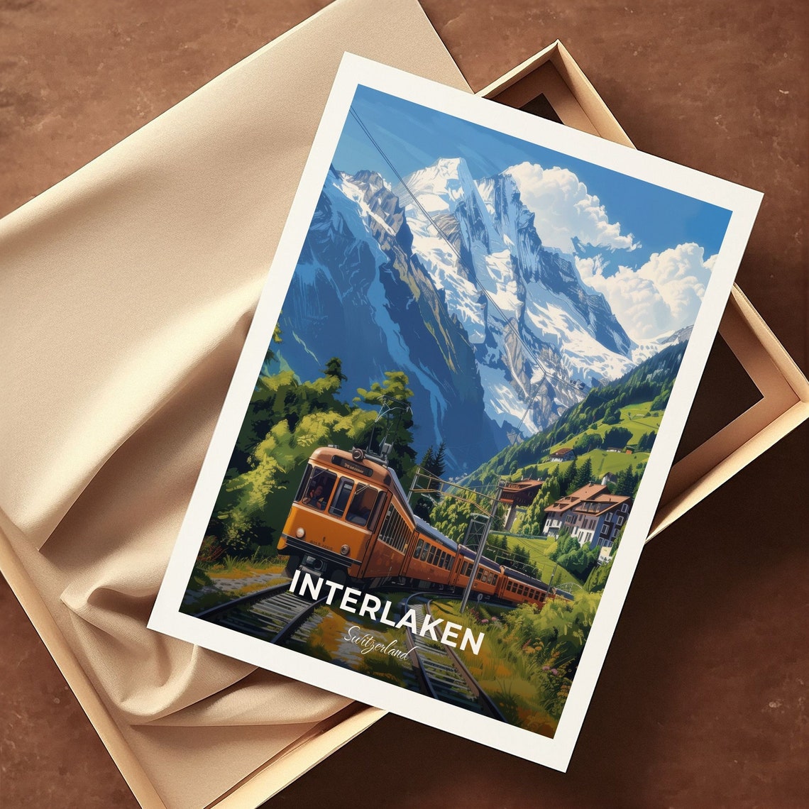 Interlaken Jungfrau Snowy Peaks Orange Train Mountain Journey Poster - Image 3
