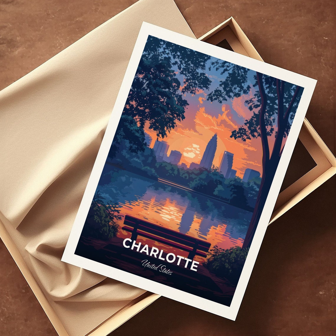 Charlotte USA Park Bench Lake Sunset Mirrored Skyline Poster - Image 3