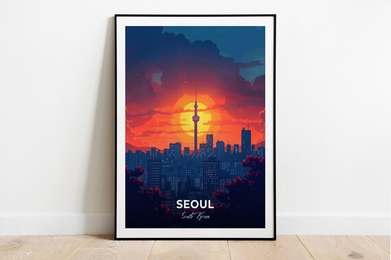 Seoul N Seoul Tower Fiery Orange Sunset City Skyline Travel Poster