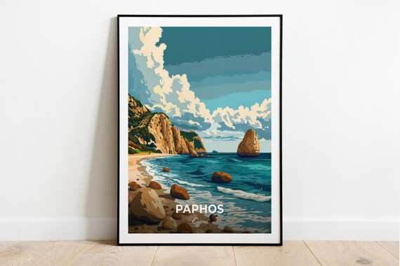 Paphos Cyprus Aphrodites Rock Sea Stack Ocean Cliffs Travel Poster