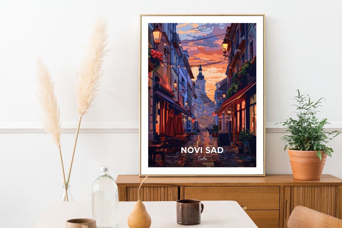 Novi Sad Evening Old Street String Lights Cafe Serbia Travel Poster - Image 2