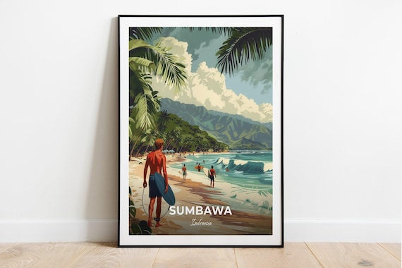 Sumbawa Indonesia Surf Beach Palm Trees Sun Wave Riders Poster