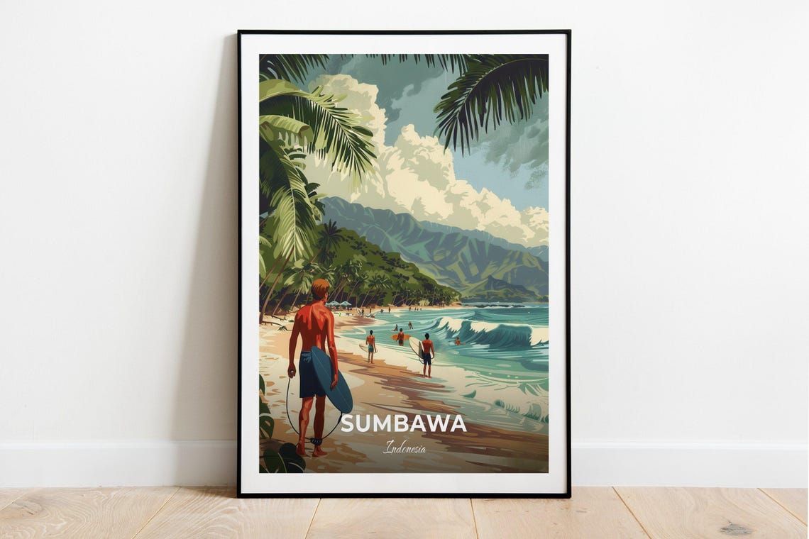 Sumbawa Indonesia Surf Beach Palm Trees Sun Wave Riders Poster