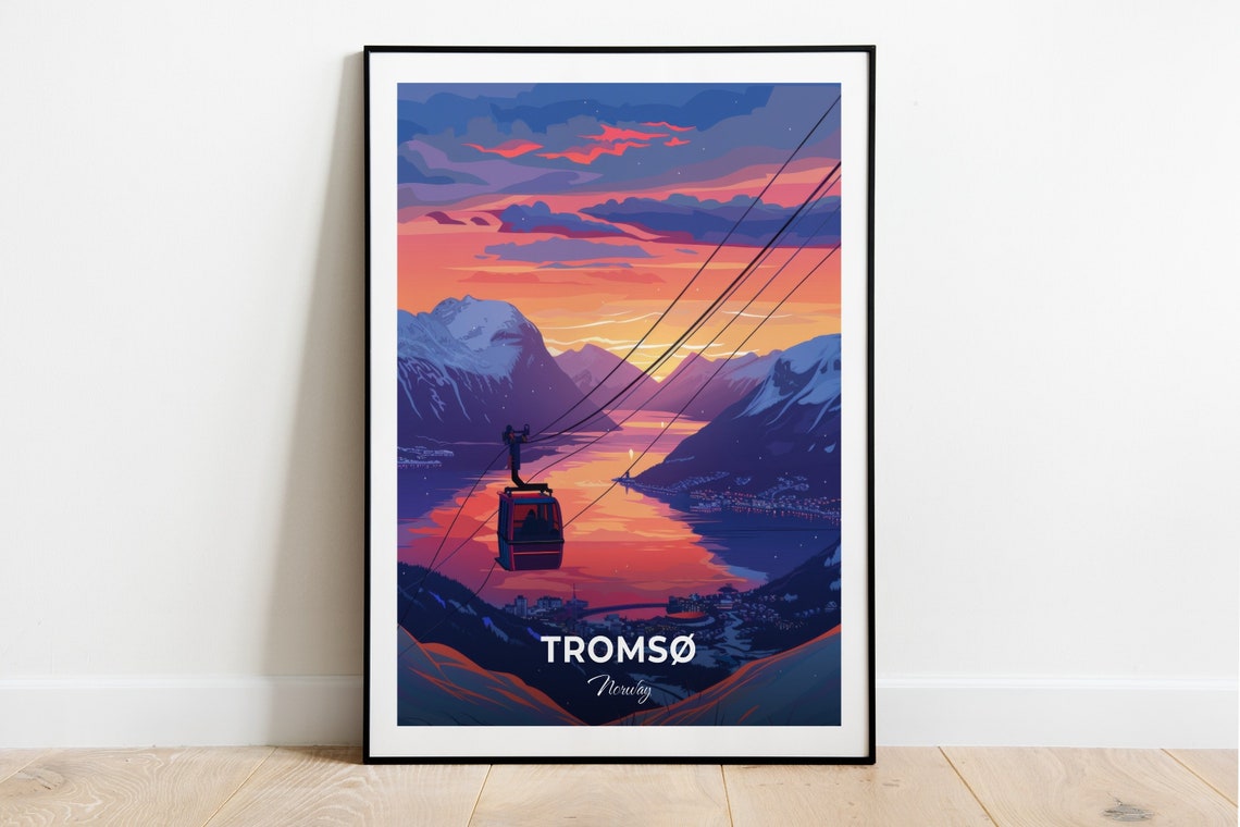 Tromso Norway Arctic Cable Car Sunset Fjord Mountain Travel Poster