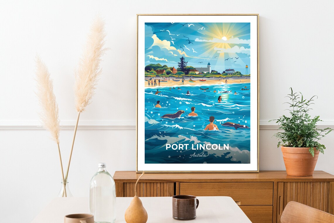 Port Lincoln Australia Beach Swimmers Surfers Sea Lions Sunny Poster - Image 3