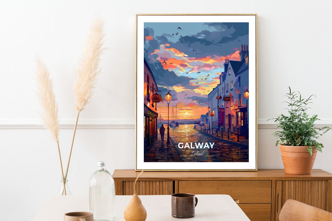 Galway Quay Street Evening Pub Lights and Harbour Travel Poster - Image 2