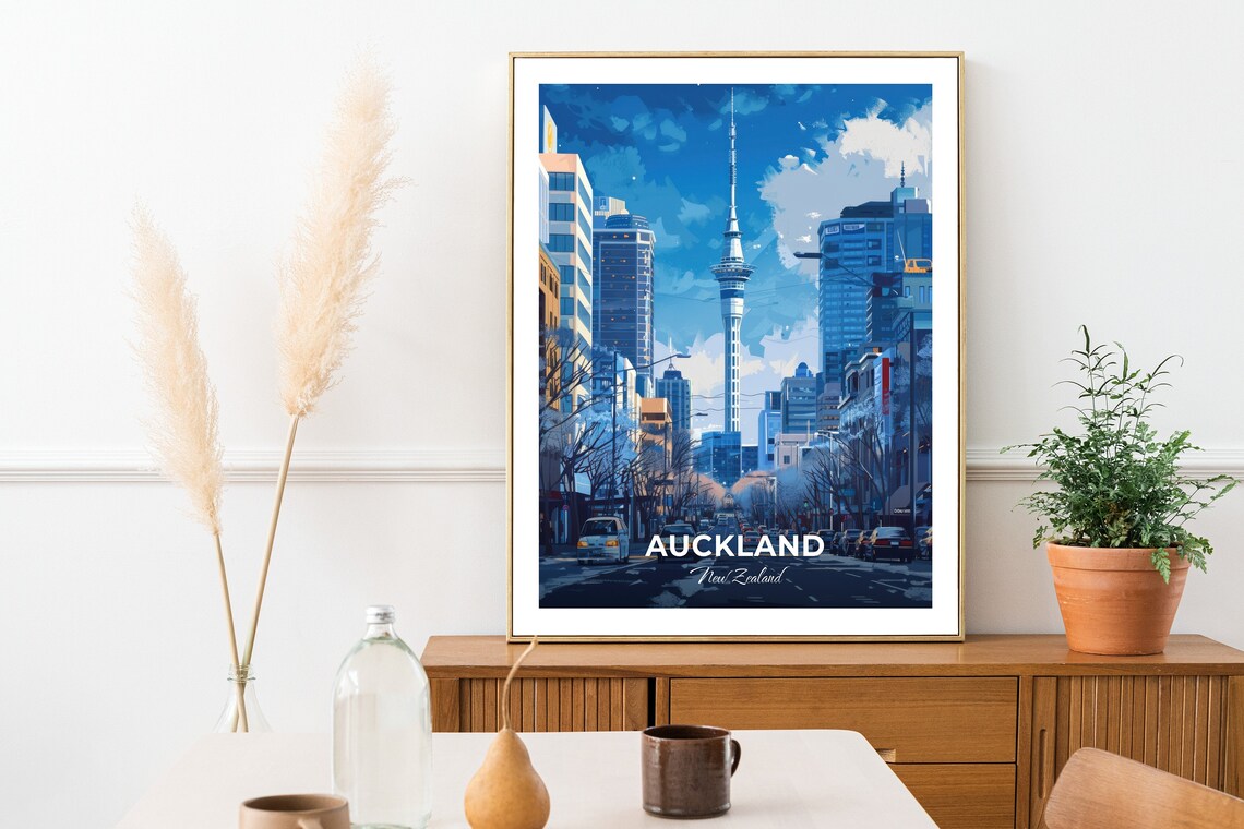 Auckland Sky Tower City Street Blue Sky New Zealand Vintage Travel Poster - Image 3
