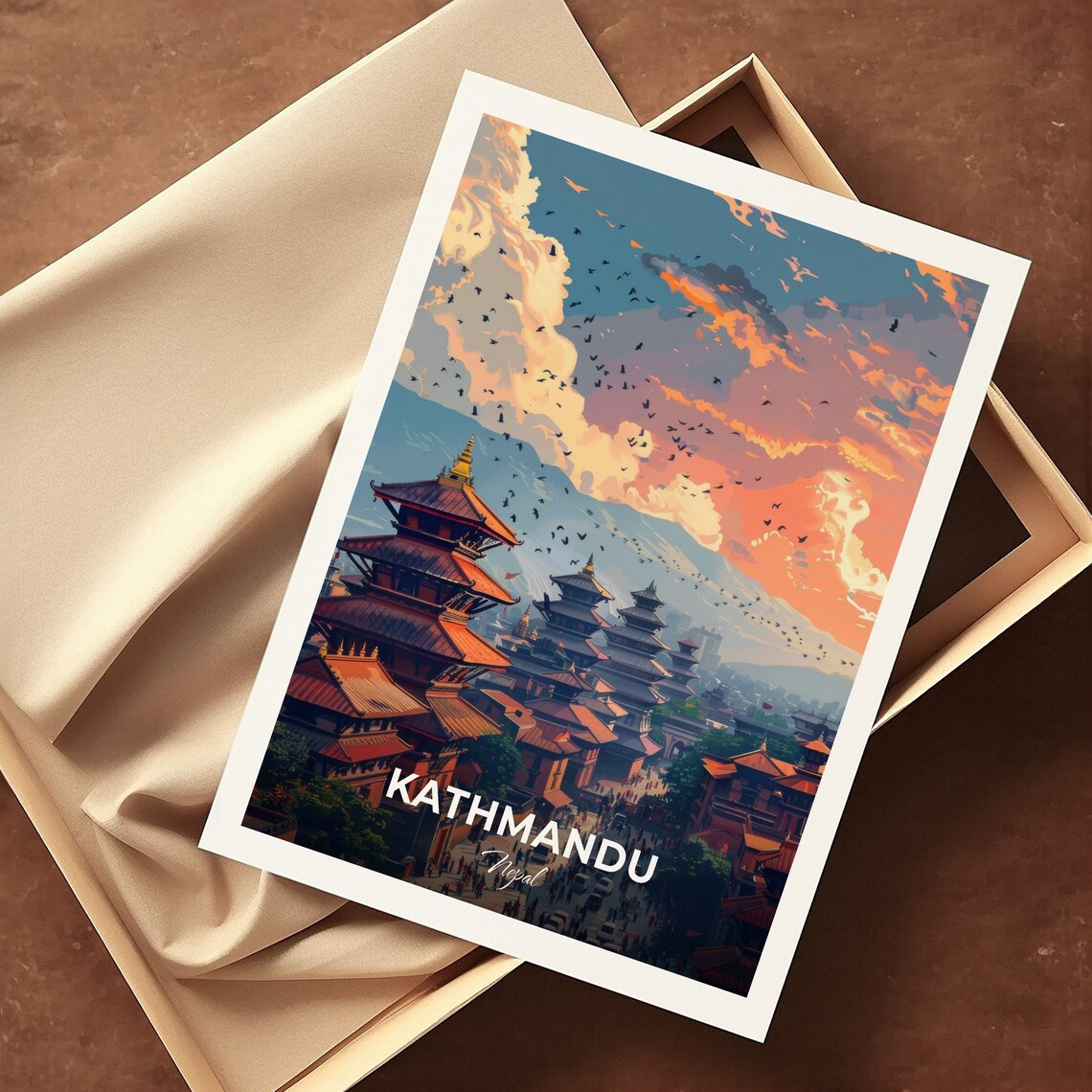 Kathmandu Nepal Pagoda Temples Sunset Birds Flying City Panorama Poster - Image 3
