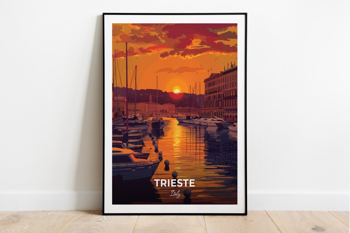 Trieste Italy Harbor Marina Sunset Sailboat Glow Travel Poster